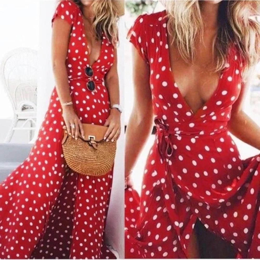 Chiffon Red Polka Dot Plunge Maxi Wrap Dress